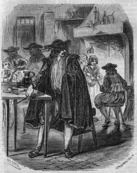 François Ravaillac (1578-1610), IV. Henrik király gyilkosa, egy fogadóban hadonászik azzal a késsel, amellyel IV. Henriket kell megsebesítenie - 19. századi metszet