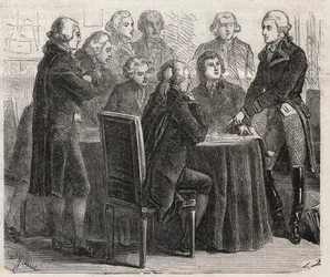 Francia forradalom: Louis Marie de Narbonne-Lara gróf (Narbonne Lara) (1755-1813) bemutatja terveit a közgyűlés bizottságaiban - Metszet „A jeles világba”