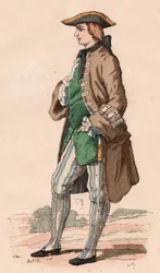 Francia úriember vadászjelmezben, kabátban, mellényben, trikornis kalapban, oldalán tőrrel a XVIII. században (színes metszet)