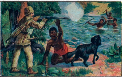 Pénteki szabadulás. Illusztráció Daniel Defoe (De foe) „" Robinson Crusoe" - könyvéhez. A 19. század végének kromolitográfiája.