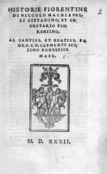 A "" Historie Fiorentine frontispice, Niccolo (Bernardo dei) Machiavelli (Nicolas Machiavel)