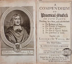 A gyakorlati zene kompendiumának előlapja öt részből, Cristopher Simpson viola da gamba leckéivel