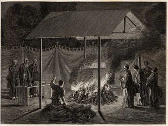Temetési szertartások: rituális égetés. Aime Humbert, a Svájci Államszövetség minisztere, a „Le tour du monde, nouveau Journal des voyages” című 1863–1864-es japán utazást illusztráló metszete Edouard Charton irányítása alatt jelent meg.
