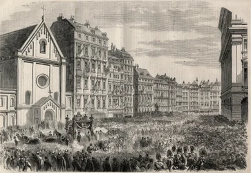 I. Maximilian mexikói császár (1832-1867) temetése: a temetkezési csapat érkezése a bécsi kapucinusok temploma elé. Metszet a „” L