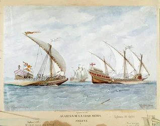 századi gálya és galeon (akvarell