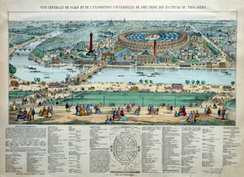Az 1867-es párizsi világkiállítás általános képe. Alul: a Champ de Mars katonai iskola parkja. Metszet Párizs, Musee Carnavalet
