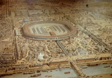 Az 1867-es párizsi világkiállítás általános képe. A Champ de Mars katonai iskolájának központjában. Metszet Párizs, Musee Carnavalet