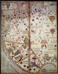 Földrajzi térkép: Kína, Gangesz-völgy, Szumátra, Ceylan. Katalán Atlasz (Katalán térkép) (Spanyolország). Abraham Cresques 1375-ös kézirata (Folio 2v - Folio 3). BN, Párizs