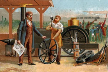 George Stephenson (1781-1848) egyik találmányával képviselte: a mozdonyt. század késői kromolitográfiája.