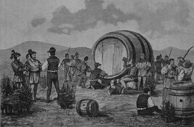 Német parasztháború (1524-1526): Parasztok táboroznak a borókán egy nagy boroshordóval.