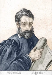 Giacomo Barozzi, mint Vignola, franciául Le Vignole, kezében egy terv.