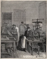 Könyvek (borítók) vasaranyozása egy franciaországi műhelyben a XIX. Metszet 1885-ből Adolphe BITARD „” Les arts et metiers illustres” című könyvébe.
