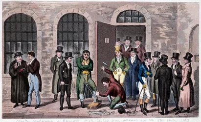Nagy-Britannia börtöne: A londoni Newgate börtönhöz halálos ítéletet rendeltek (a Charles Dickens-regényekben gyakran hivatkoznak rá). Metszet 1823 körül. Bilbiotheque of Decorative Arts.