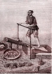 Bambuszdarabok őrlése és morzsolása, papírgyártás Kínában (Kr.e. 3. század) (metszet)