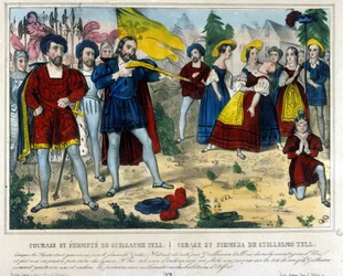 Guillaume Tell (William Tell) (a svájci függetlenség legendás hőse). A barbár Gesler arra kényszeríti Guillaume Tellet, hogy egy nyíllal távolítsa el a gyermeke fejére helyezett almát. 19. századi metszet
