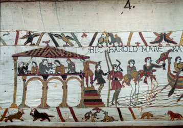 Hitvalló Edward angol király elküldi Haroldot Normandiába, hogy tájékoztassa Hódító Vilmos herceget (1027-1087) arról, hogy ő lesz az angol korona utódja: az utolsó étkezés a szárazföldön, mielőtt felszállna a Normandiai szőnyegre. nak,-nek