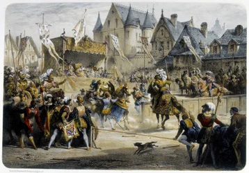 II. Henrik (1519-1559) Montgomery halálosan megsebesítette az 1559. június 29-i tornán, a rue St Antoine-ban, a Palais des Tournelles előtt - litográfia