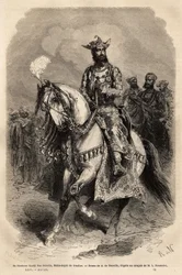 Őfelsége Syadji Rao Scindia (1846-1886), Gwalior maharadzsa (a mai Madhya Pradesh). Metszet a rádzsák Indiájának illusztrálására, Louis Rousselet 1864-1868-ban, megjelent a „Le tour du monde”” 1872-ben, szerkesztette Edouard Charton, Hachette edi