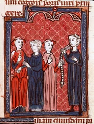A kánonjog története: „Színes övre ítélt nő”” Miniatűr a „Decret de Gratien”-ből” („Concordia discordantium canonum” vagy „Decretum Gratiani”) 1140-ből származik, és a római katolikus egyház törvényeit és kánonjait szabályozza. . 13