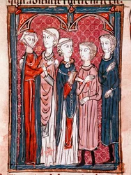A kánonjog története: „” eljegyzési jelenet””” A „” Decret de Gratien”” („Concordia discordantium canonum” vagy „Decretum Gratiani”) 1140-ből származó miniatúrája, amely a római katolikus egyház törvényeit és kánonjait szabályozza. 13. századi Laon, Mun