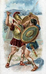A trójai háború legendás hősének, Akhilleusznak az élete: Akhilleusz Hektór ellen harcol, hogy megbosszulja Patroklosz halálát. 1890-es kromolitográfia.