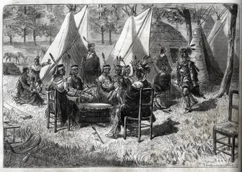 Emberi állatkertek - Emberi állatkert - Etnológiai kiállítások - Mohas indiánok az Akklimatizációs kertben, Az 1883-as Képes Napló - Tizenöt nebraskai amerikai indián