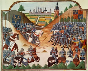 Százéves háború: Formigny (Calvados) csata 1450.04.15-én Thomas Kyriell és Jean de Clermont angol hadserege között. Miniatűr a „Vigiles du roi Charles VII” kéziratból megvilágítva Jean Chartier krónikájában, szerkesztette Mar