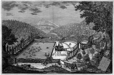 Vadászat Németországban a 18. században: szarvasvadászat Leonberg mellett 1748-ban. (Fényképről). Metszet az 1891. június 13-i „” La Nature: revue des sciences et de leurs applications aux arts et a l