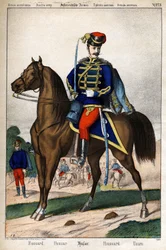 Az osztrák armee huszárja. Gravírozás sd. 19. század.