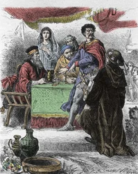 Illusztráció Walter Scott (1771-1832), skót író „Ivanhoe”-jához: Ivanhoe-t kihívja Brian de Bois Guilbert szász lovag.