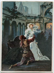 Giuseppe Verdi (1813 - 1901) olasz zeneszerző „” Ernani” című művének illusztrációja, az opera 2. felvonása, IV. jelenet, 1844-ben, Victor Hugo „” Hernani”” tragédiája után. A 19. század végének kromolitográfiája.