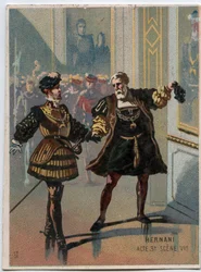 Giuseppe Verdi (1813 - 1901) olasz zeneszerző „” Ernani” című művének illusztrációja, 3. felvonás, opera VI. jelenete, 1844-ben, Victor Hugo „” Hernani”” tragédiája után. A 19. század végének kromolitográfiája.