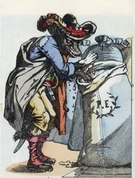 A „Compere le Loup, Maitre Renard, Comere la Chevre et ses petits biquets” című mese illusztrációja Jean de la Fontaine meséje után. A „” Mesék otthonról a kicsiknek” c. századi névtelen metszet.