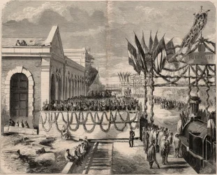 1857-ben a Toulouse-ból Sete-be vezető vasút felavatása. „Le Monde illustrious” metszet 1857-ből. Magángyűjtemény.