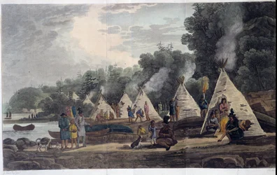 indián tábor; „Utazások Kanadán keresztül”, George Heriot, szerk. London