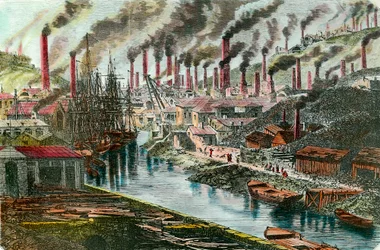 Ipari forradalom: Vivian úr rézgyárának áttekintő képe Swansea-ben, Walesben. 19. századi metszet. Magángyűjtemény.