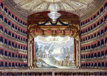 A milánói Theatre de la Scala belseje. 1850 előtti metszet.