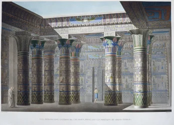 Philae szigete: Színes belső perspektivikus nézet, a Nagy Templom portikusza alatt készült – „Egyiptom leírása” című részben, Imperial Editions