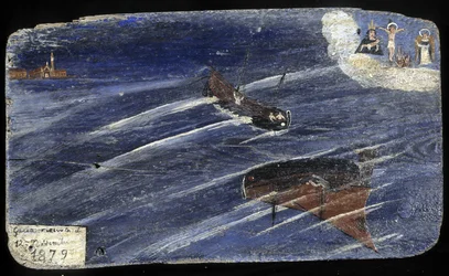 Olasz ex-voto egy hajótörésre 1879-ben - festmény fára