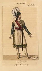 Giuditta Pasta olasz szoprán énekesnő Tancredi főszerepében Gioachino Rossini azonos című operájában a párizsi Opera Buffában.