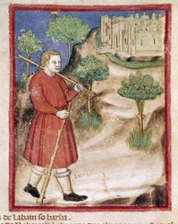 Jákób a mezopotámiai Lábánhoz megy Miniatűr a Codex 212-ből (vagy Padovano vagy Páduai Biblia) 1390-1400 Rovigo, Accademia dei Concordi