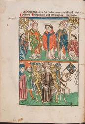 Jan Hus (1365-1415) livre au pouvoir seculier – Jan Hus átadta a világi hatalomnak (Illusztráció Richental illusztrált krónikájából), Anonymous. Akvarell és tinta papírra