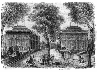 Jardin des Plantes Párizsban 1861-ben: vas pavilonok.