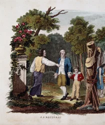 Jean Jacques Rousseau gyerekkel, akit egy paraszt hámozott