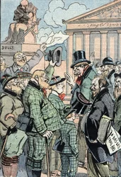 Jean Jaures egyesült szocialisták ellenzi a hároméves törvényt (katonai szolgálat) a németek képviseletében, 1914. június (A Jean Jaures által vezetett egyesült szocialistákat támogató németek ellenzi a hároméves törvényt, 1914. június) Karikatúra a "Le pe
