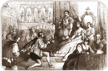 Jean Nicot bemutatja a dohánynövényt Catherine de Medicisnek (Caterina de Medici) és a Lotaringiai Ház nagypriorjának. 16. századi litográfia 1868 körül.