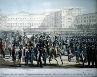 Joachim Murat (1767-1815), akit Napóleon Franciaország marsalljává és Nápoly királyává nevezett ki, áttekinti a Cisalpin Köztársaság csapatait
