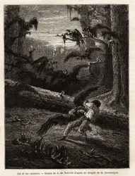 Job (a szerkesztő útitársa), keselyűk támadták meg. Metszet a Quatre mois en Florida című történet illusztrálására, M. Pousselgue, 1851-1852, megjelent a "" le tour du monde"-ban, D