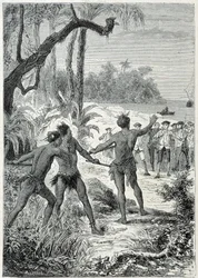 James Cook kapitány (1728-1779) utazása Új-Guineába: az első találkozás a bennszülöttekkel, illusztráció: „A 18. század nagy tengerészei”