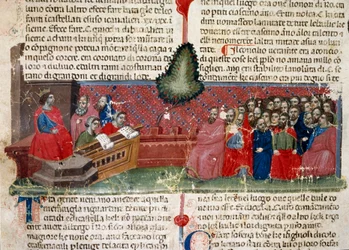 Jules Cesar (Kr. e. 101-44) a trónon Részlet egy kéziratos oldalról: „A rómaiak tényei” (Ms 1538) 1340 körül Firenze, Biblioteca Riccardiana